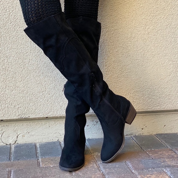 Black Western Style Over The Knee Low Heel Boots - Picture 3 of 12